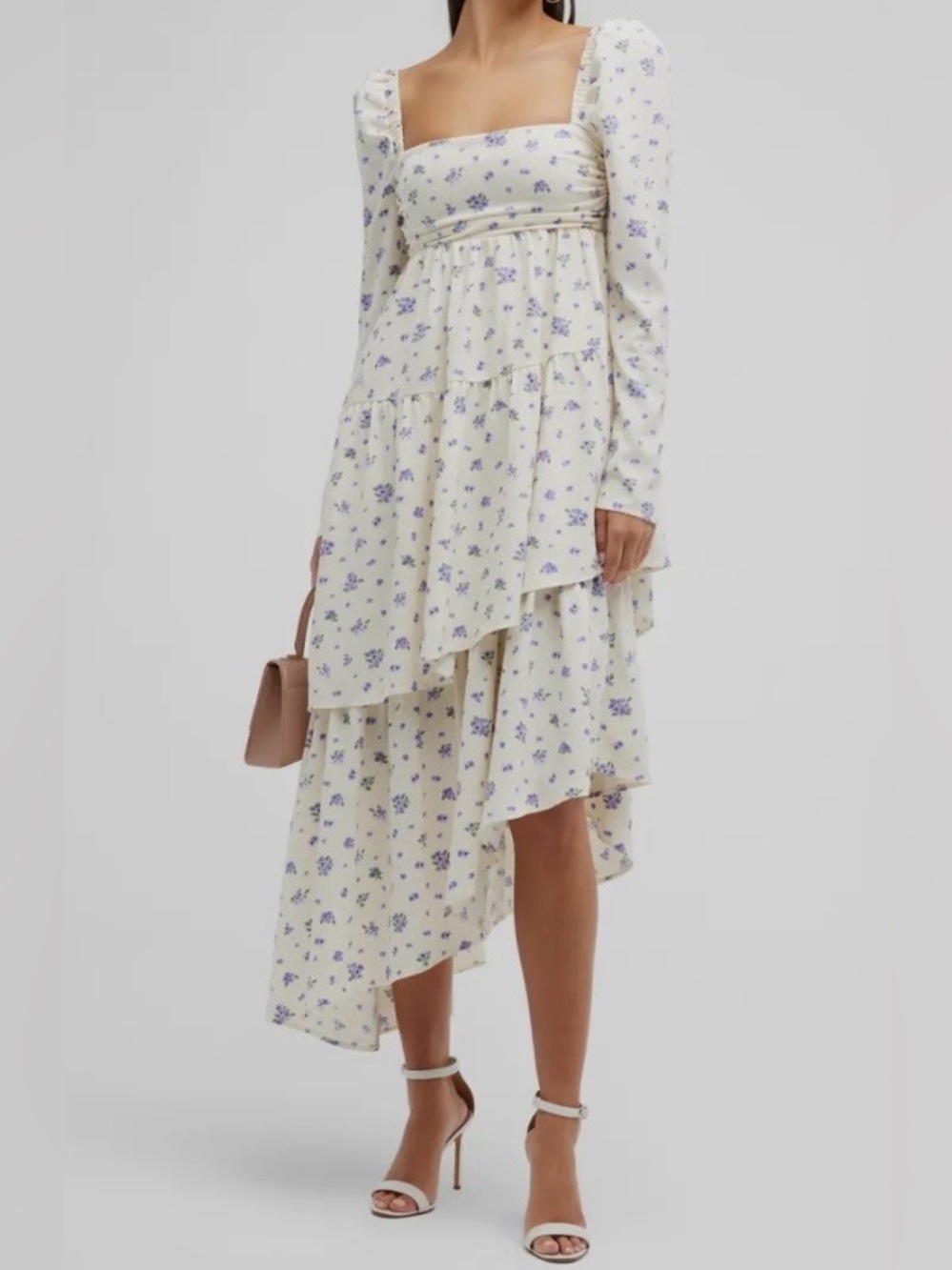 WeWoreWhat Cream High-Low Tiered Dress with Purple Floral Print and Flare Layers